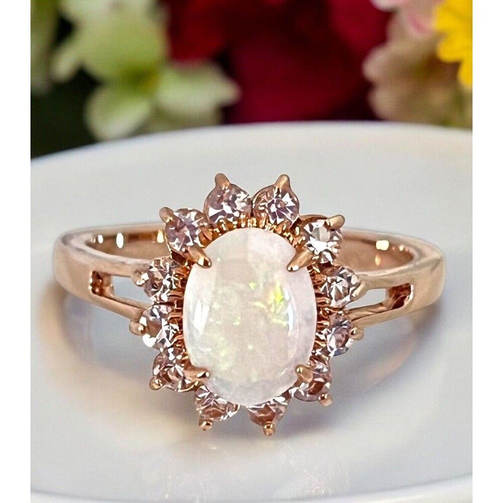 Vintage 1970s Simulated Opal Halo Ring Size 7 Crystal Accent 14K Gold Plate - 6A
